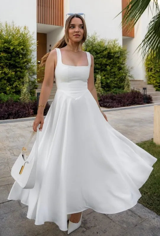 Blake - Robe Midi avec Décolleté Carré et Taille Haute