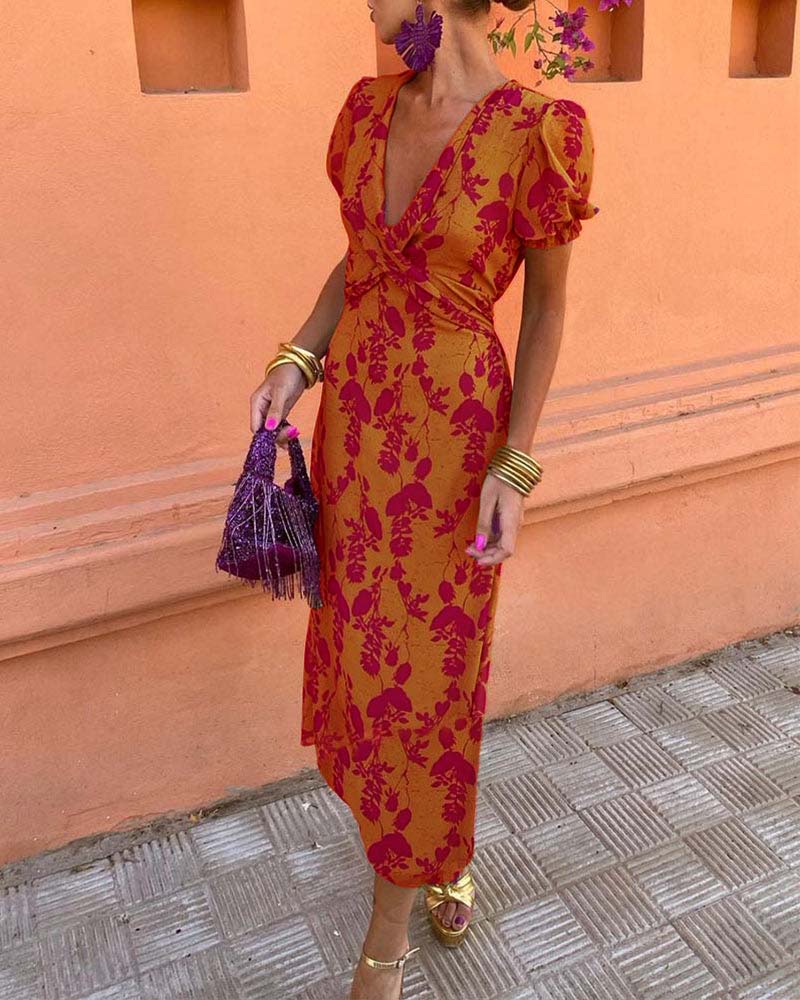 Deva - Robe longue à imprimé floral avec décolleté en V