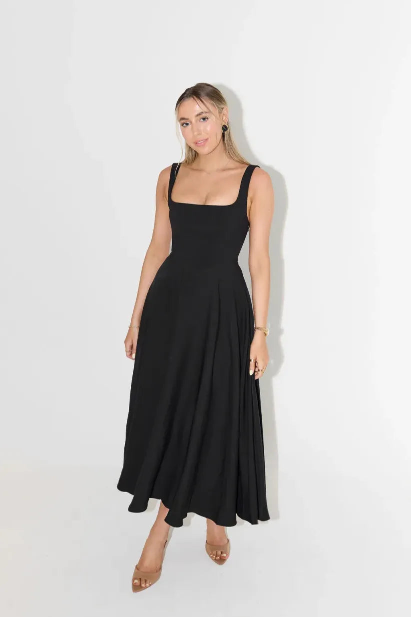 Blake - Robe Midi avec Décolleté Carré et Taille Haute