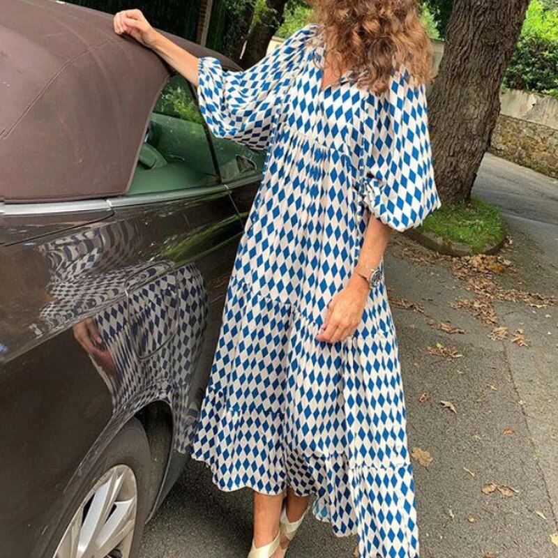 Robe Imprimée Col V Avec Manches Bouffantes Style Bohème
