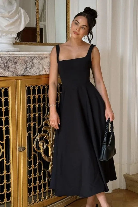 Blake - Robe Midi avec Décolleté Carré et Taille Haute