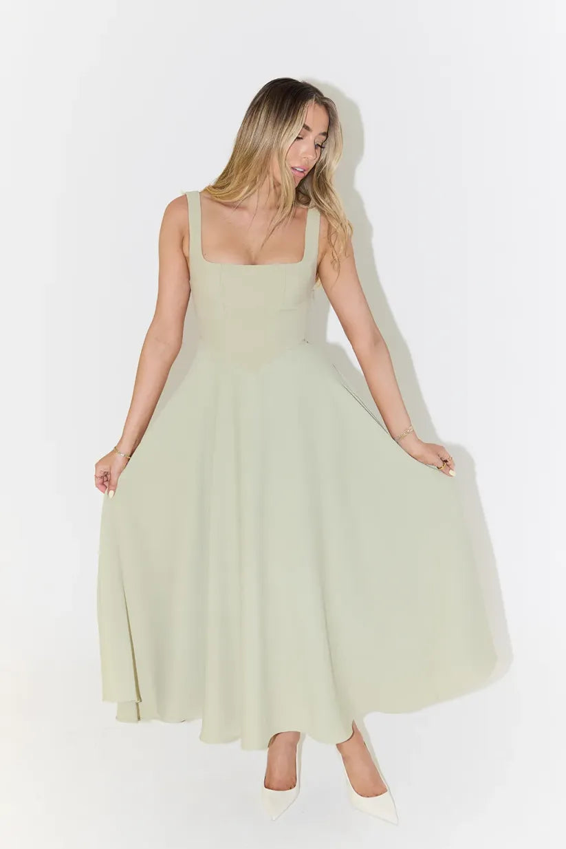 Blake - Robe Midi avec Décolleté Carré et Taille Haute