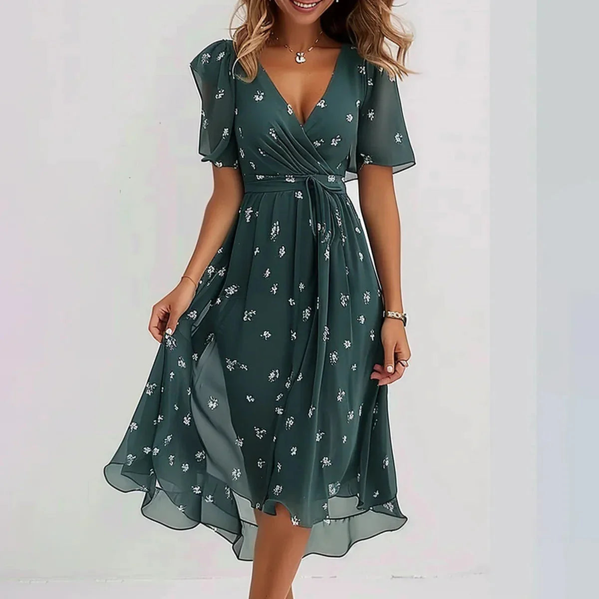 Saril - Robe à Col V avec Manches