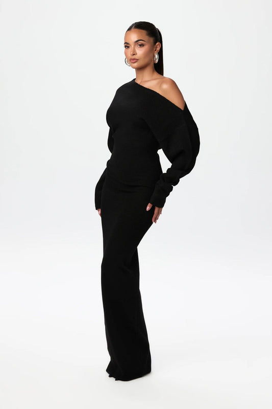 Thais - Robe longue style pull à épaules dénudées