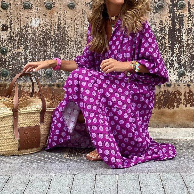 Robe Imprimée Col V Avec Manches Bouffantes Style Bohème