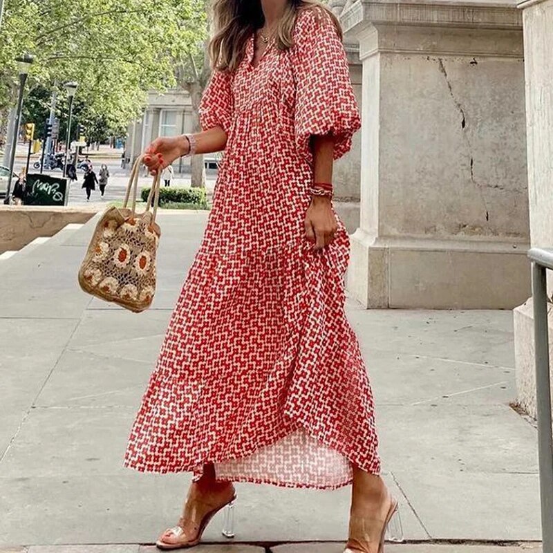Robe Imprimée Col V Avec Manches Bouffantes Style Bohème