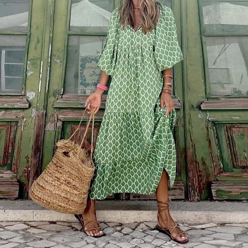 Robe Imprimée Col V Avec Manches Bouffantes Style Bohème