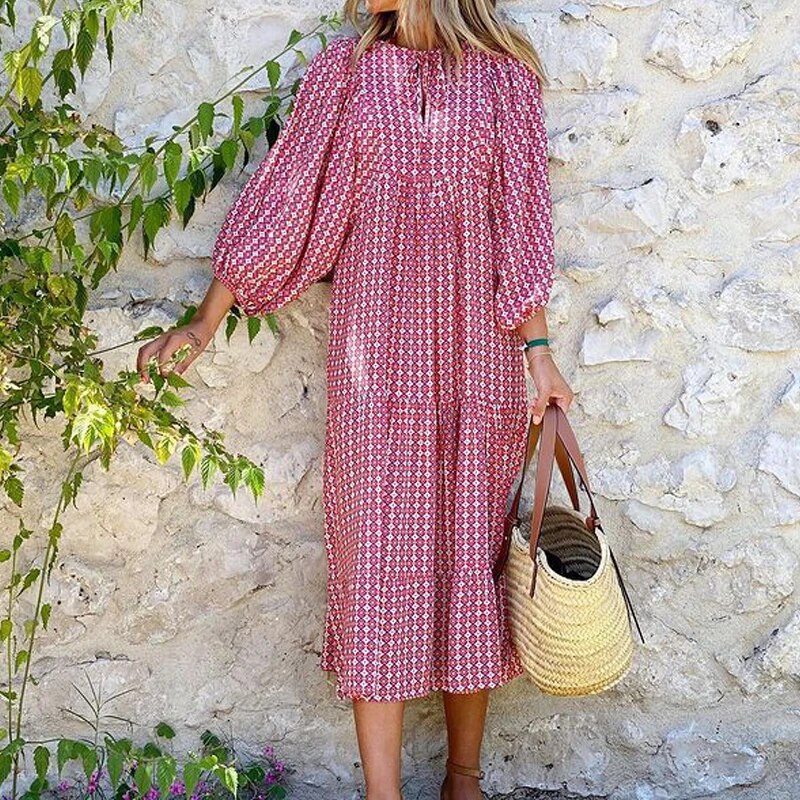 Robe Imprimée Col V Avec Manches Bouffantes Style Bohème