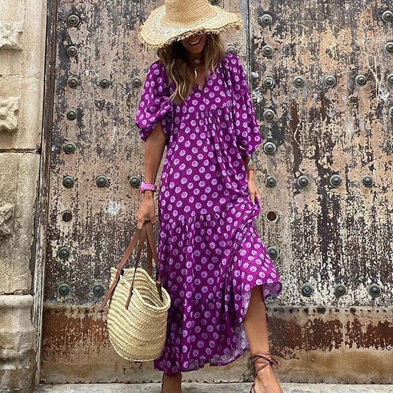 Robe Imprimée Col V Avec Manches Bouffantes Style Bohème