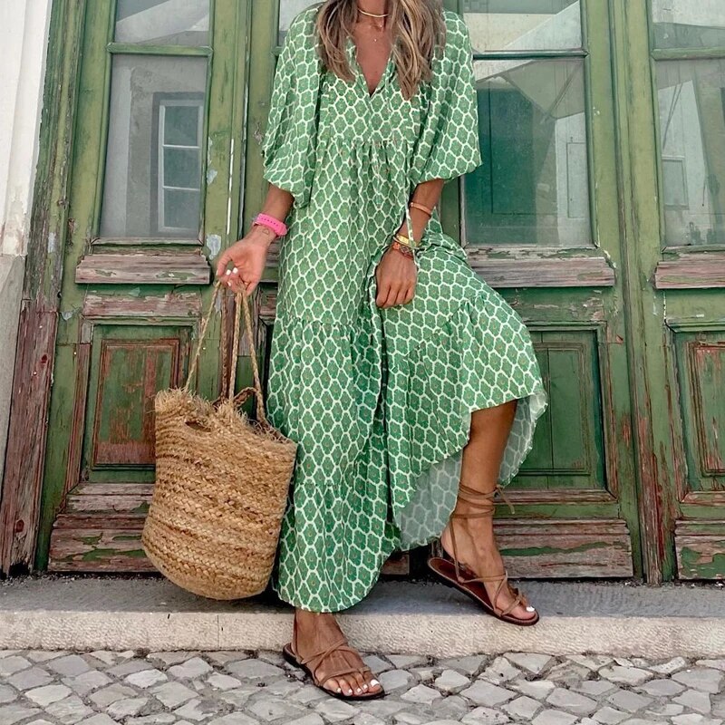 Robe Imprimée Col V Avec Manches Bouffantes Style Bohème