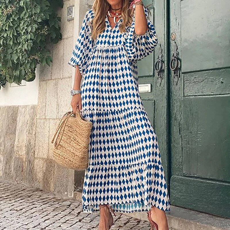 Robe Imprimée Col V Avec Manches Bouffantes Style Bohème