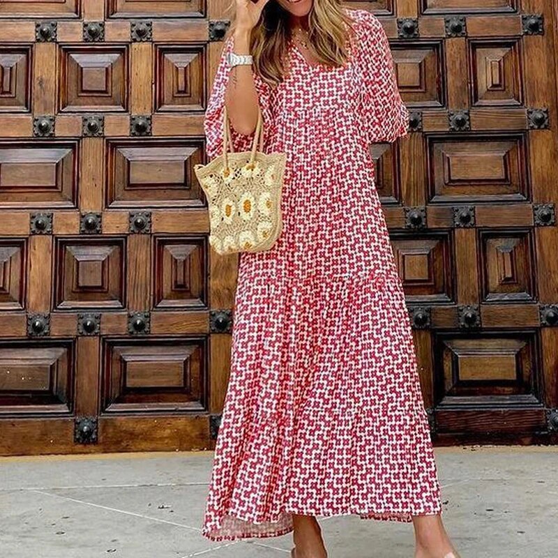 Robe Imprimée Col V Avec Manches Bouffantes Style Bohème