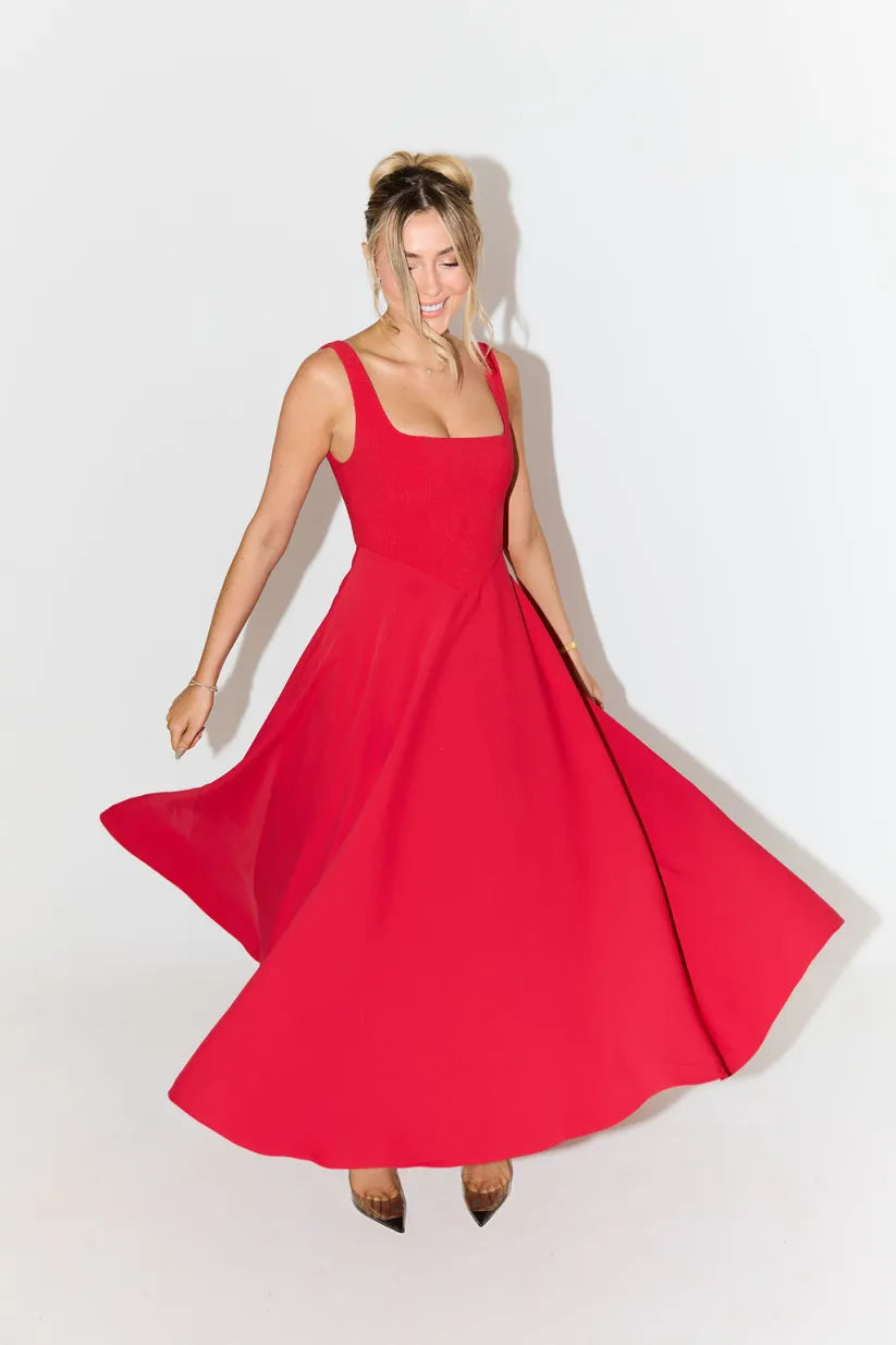 Blake - Robe Midi avec Décolleté Carré et Taille Haute